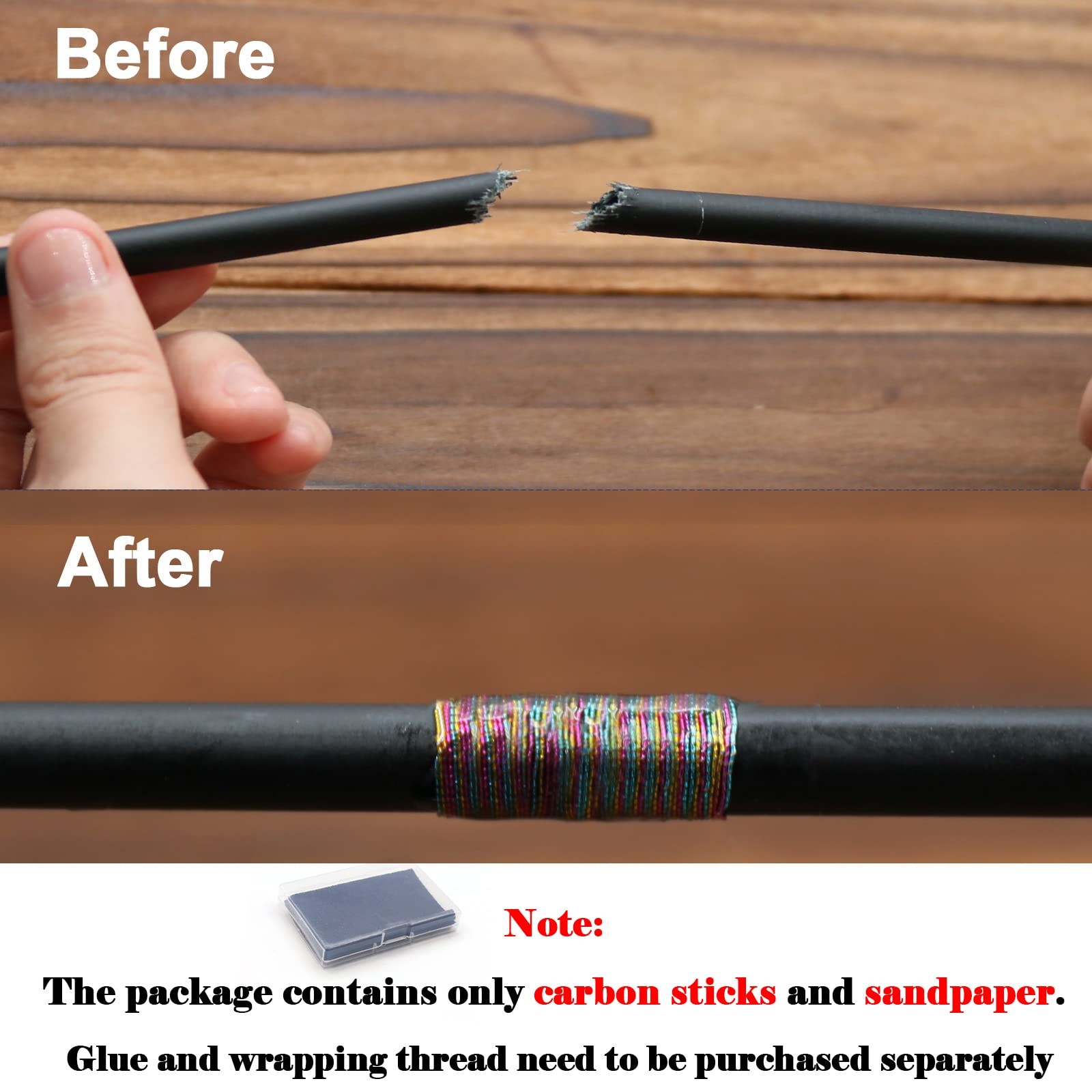 Fishing Rod Repair Kit Complete,10pcs Carbon Fiber Sticks with 5pcs Sandpaper…