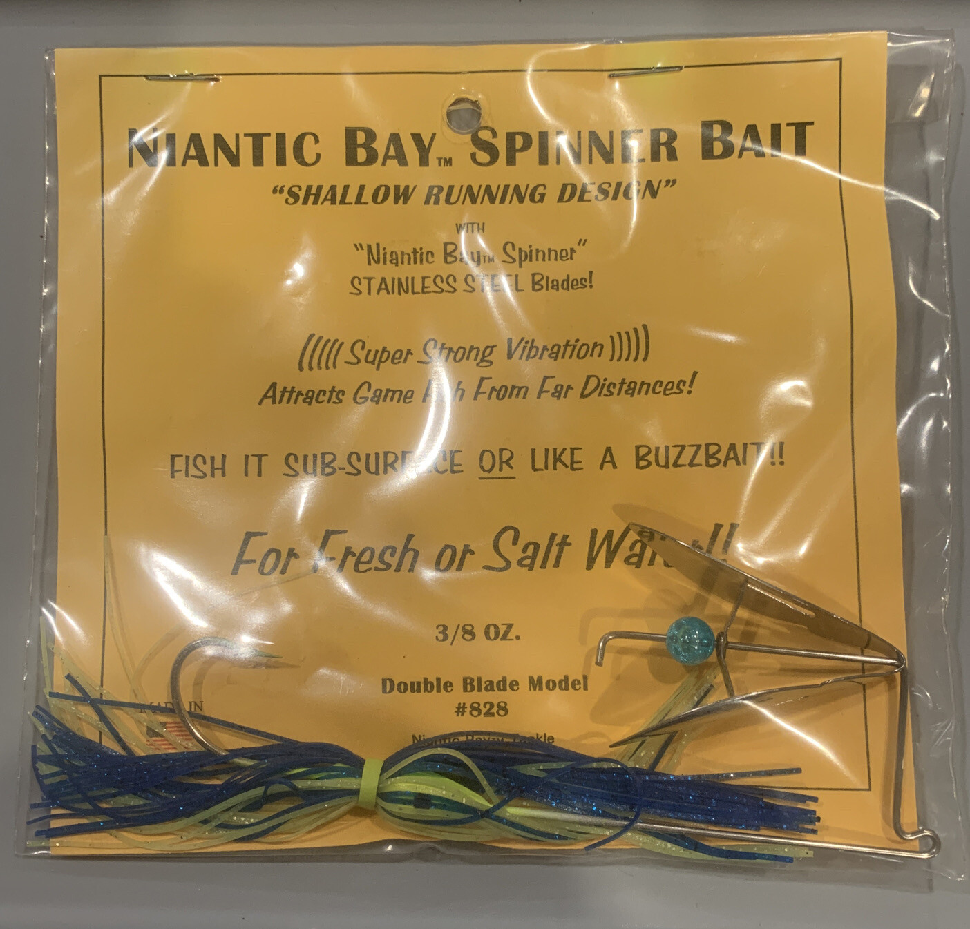 Rare Niantic Bay Spinner SpinnerBait 3/8 OZ Chartreuse Blue Double Blade