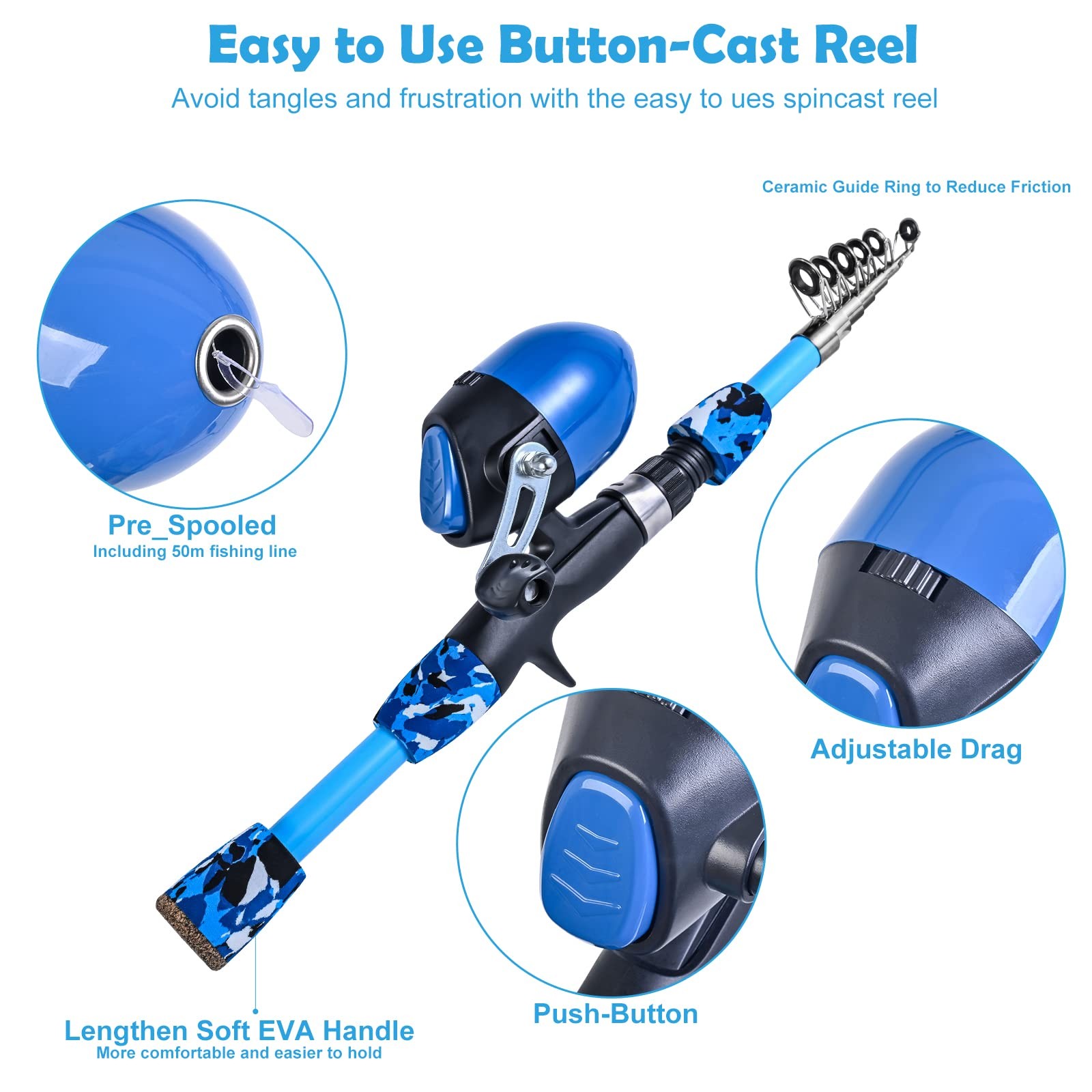 CODEK Kids Fishing Pole Set Portable Telescopic 170cm/5.6ft, Blue