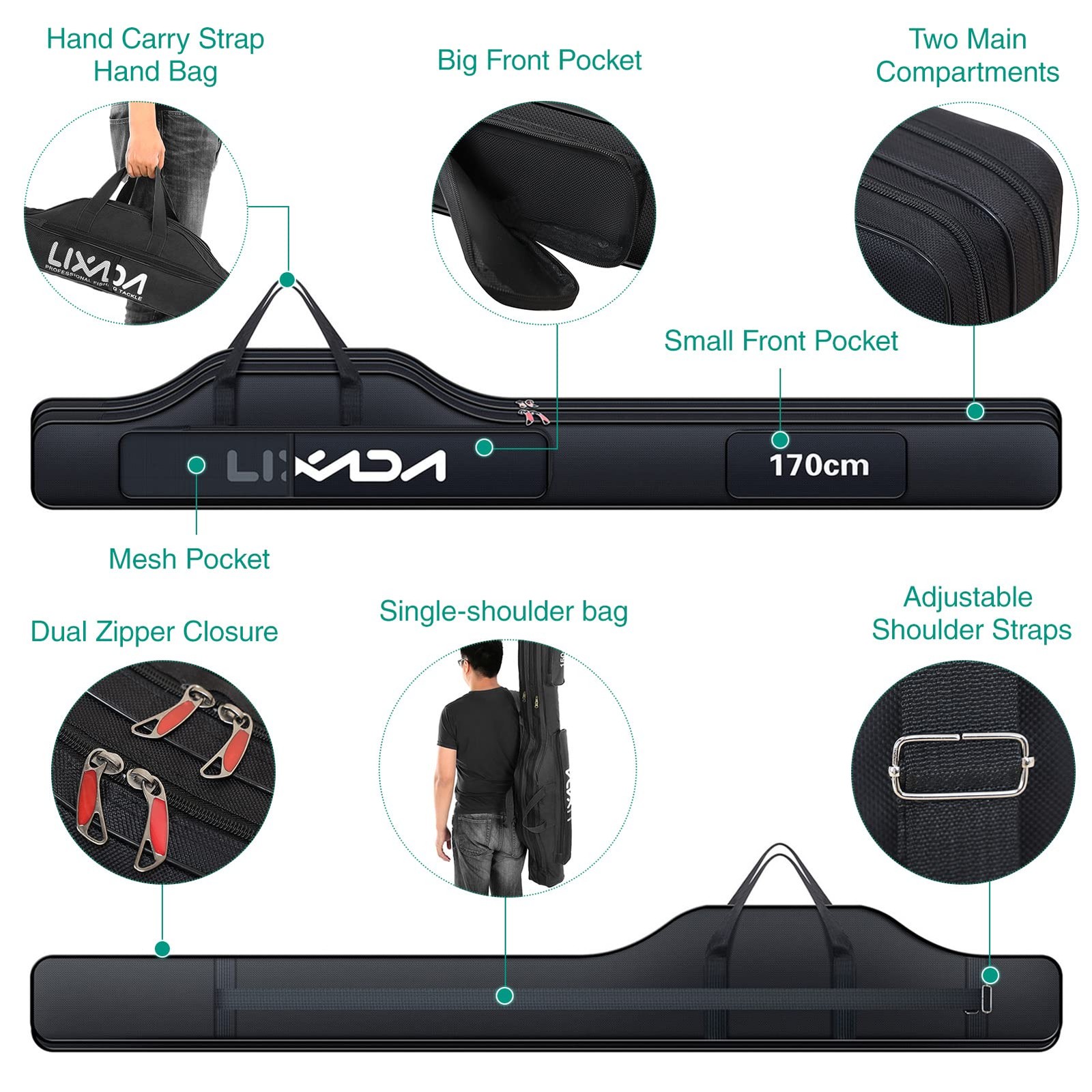 Lixada Fishing Rod Case Portable Folding Pole Reel Storage Bag Organizer