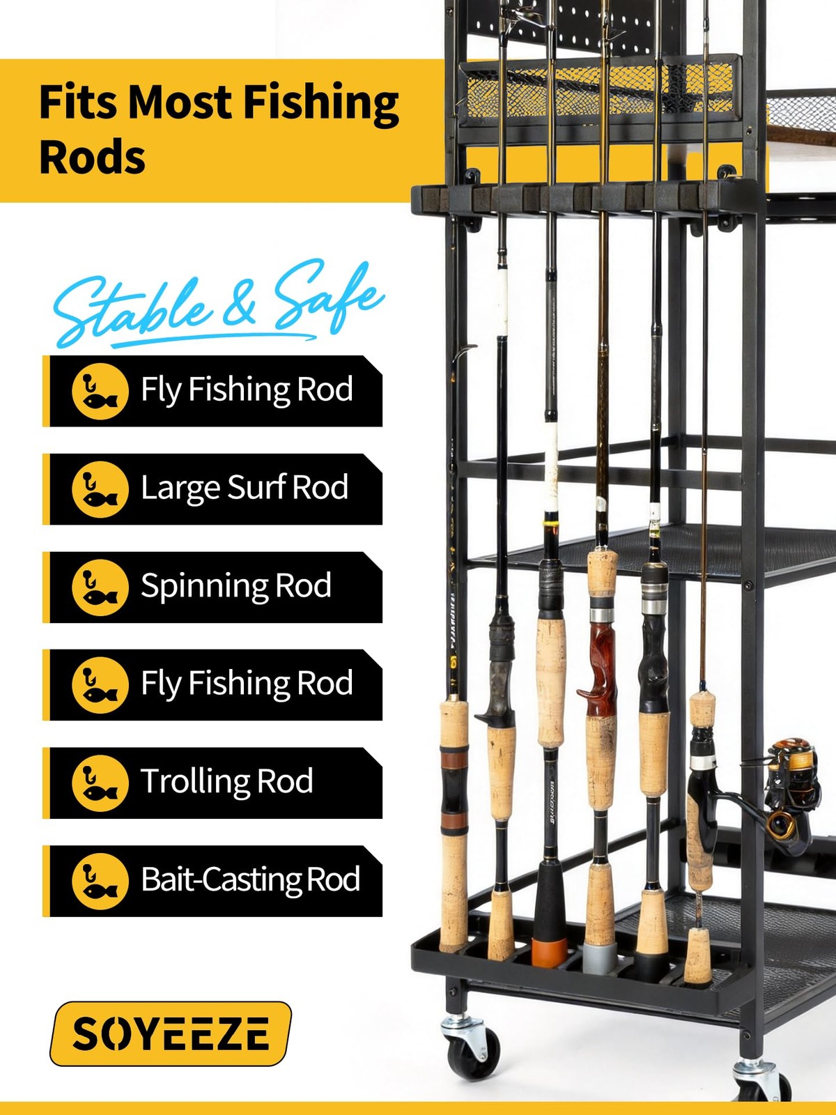 SOYEEZE Fishing Rod Holders for Garage, 3-Sided 6 hooks, Black-3-Sided
