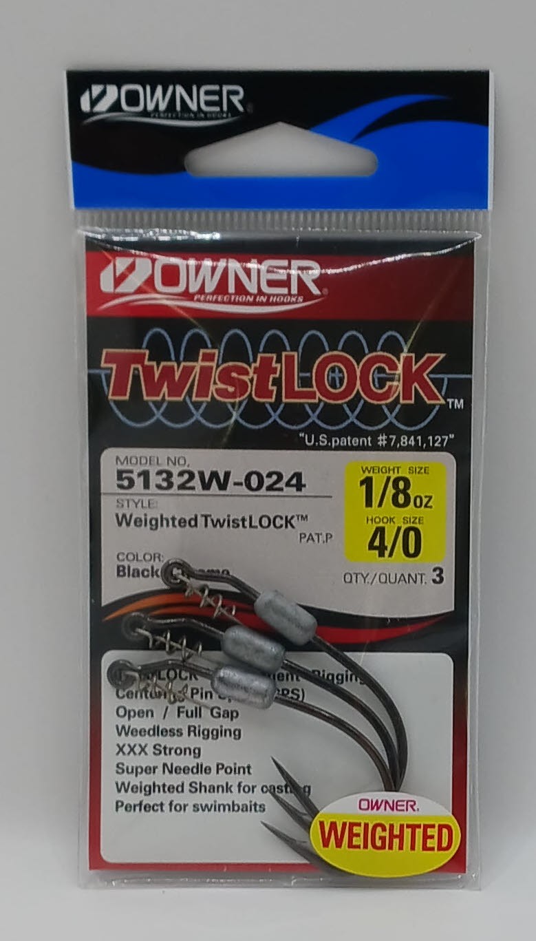 Owner 5132W-024 Weighted Twistlock CPS Bass Hook 3X Forged 1/8 oz 4/0 3Ct