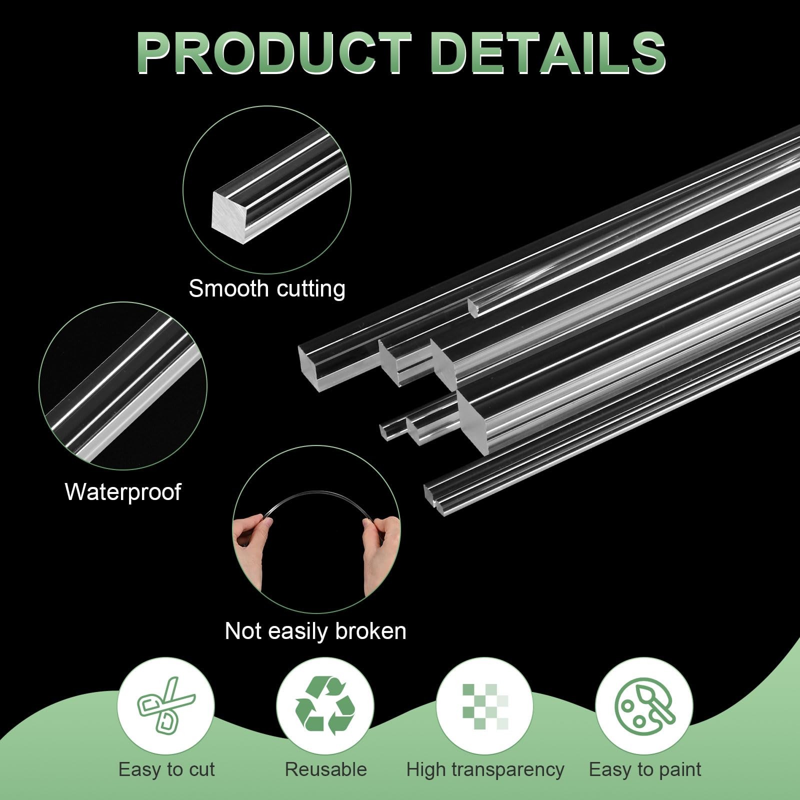 4Pack Acrylic Square Rods 250 x 10 mm Clear Dowel Sticks DIY Crafts