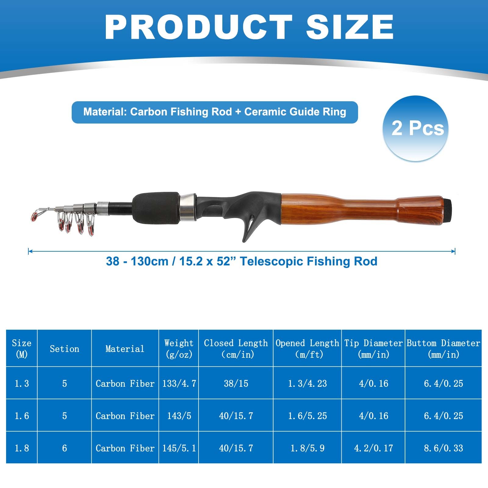 2pcs Telescopic Fishing Rod 52 Inch, Lightweight Collapsible, Black / Yellow