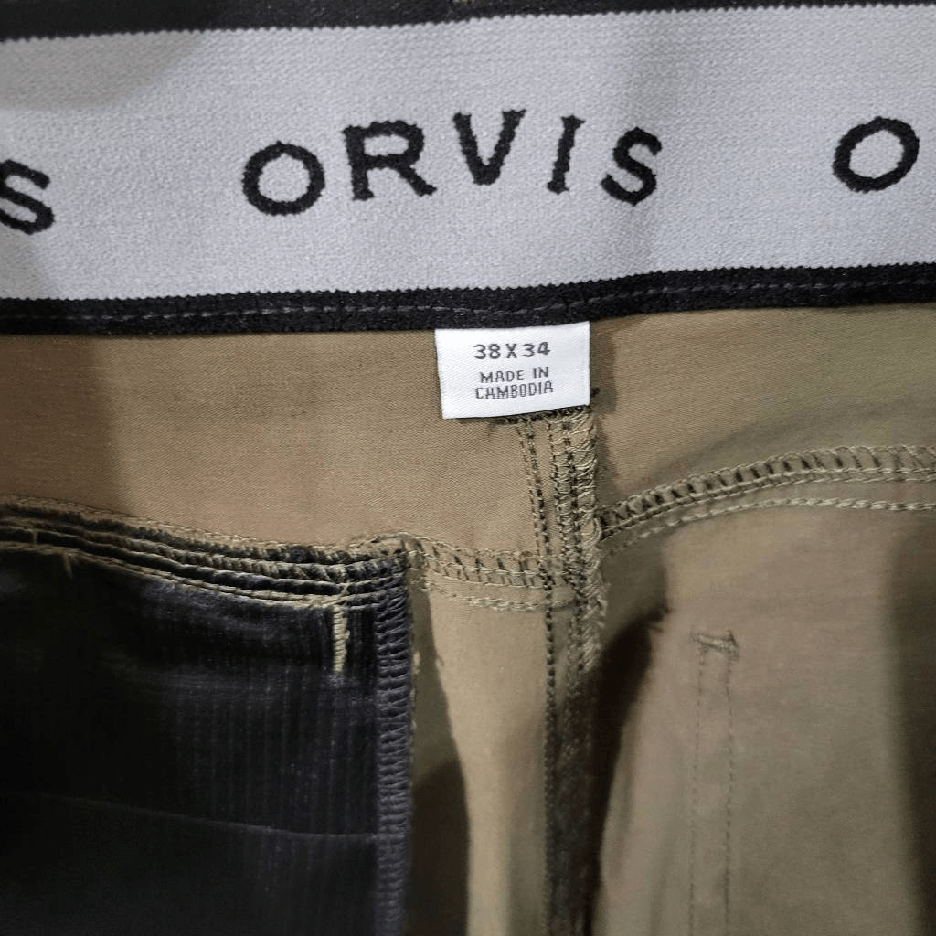 Orvis Mens Tech Pants Olive Green Nylon Water Repellent Zip Fly Size 38 x 34