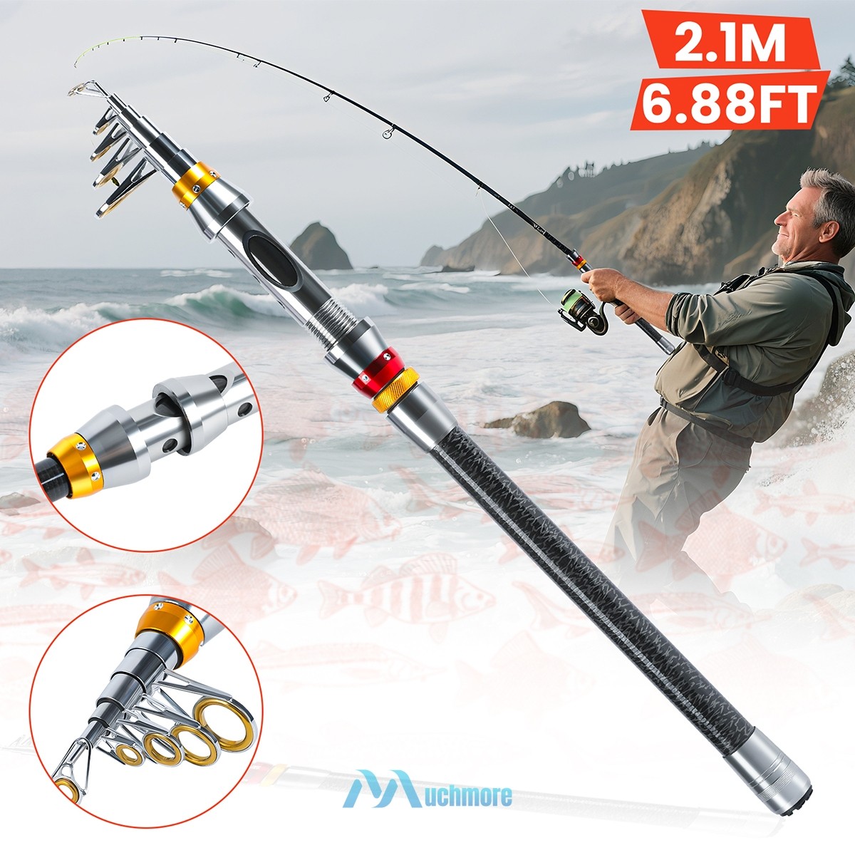 2.1m 3.0m 3.6m Heavy Duty Carbon Fiber Telescopic Fishing Rods Spinning Pole NEW