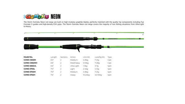 Storm Gomoku NEON Fishing Rod 7′ Med 4-8 kg SPIN 2 Piece rod