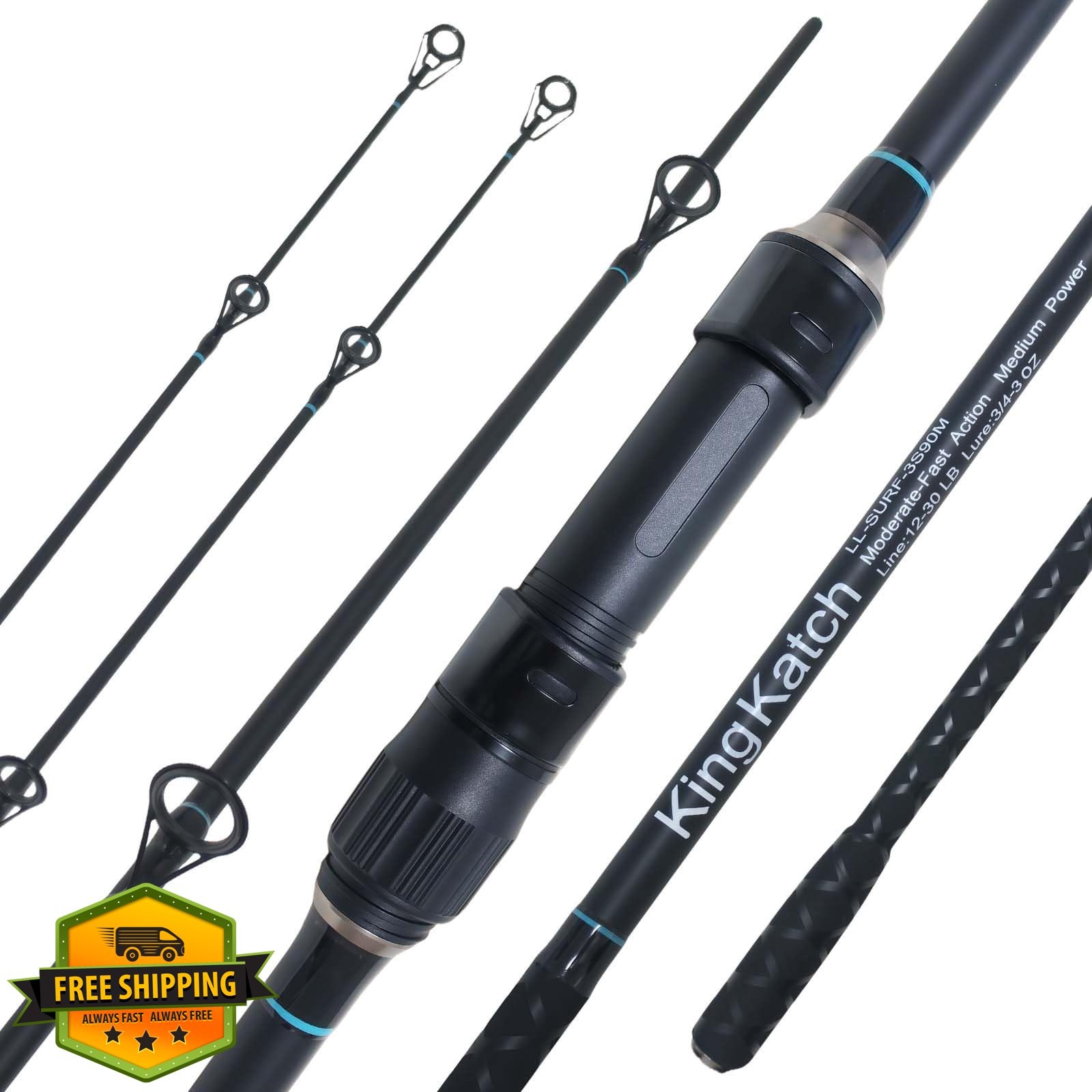 KingKatch Surf Spinning Rod 9′-12′ Carbon Fiber, 3-Piece, Saltwater, 2 Tips