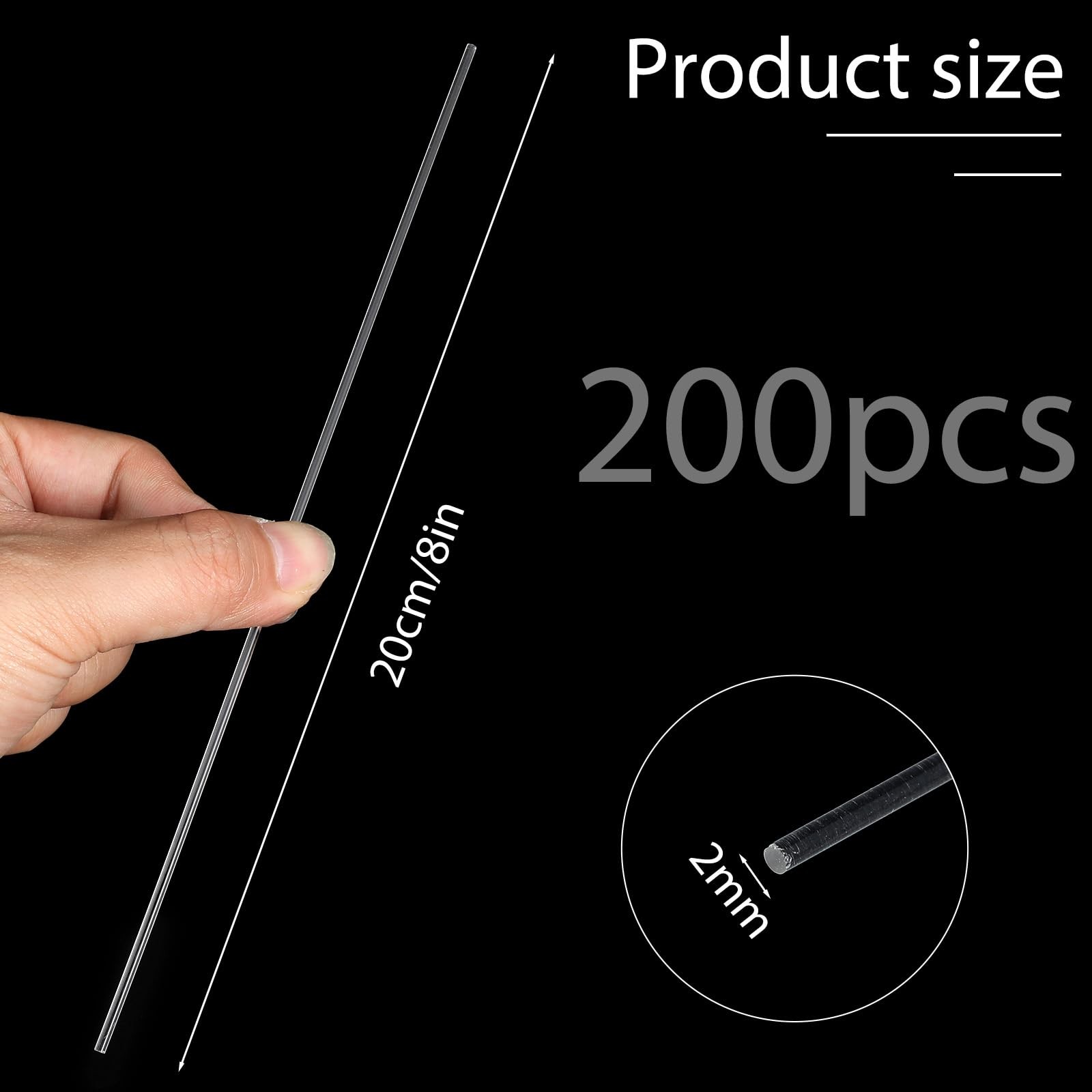 200 PCS Clear Acrylic Rod 8 Inch 2mm Dowel Cake Topper Sticks Plastic Stakes