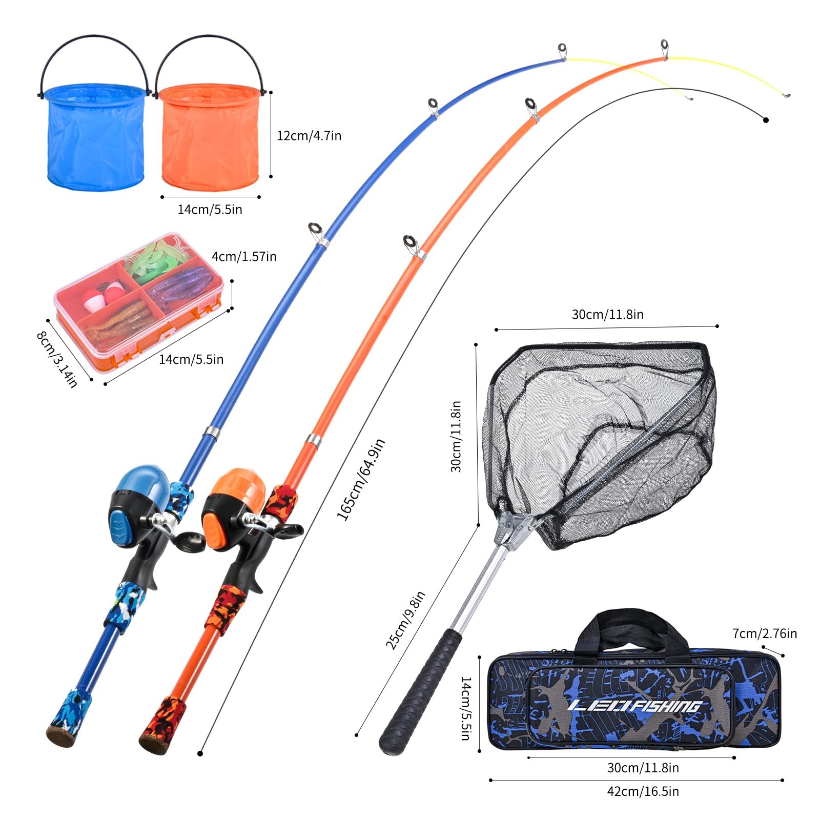 LEOFISHING Portable Kids Fishing Rod Set 2Pack 165cm, Blue and Orange