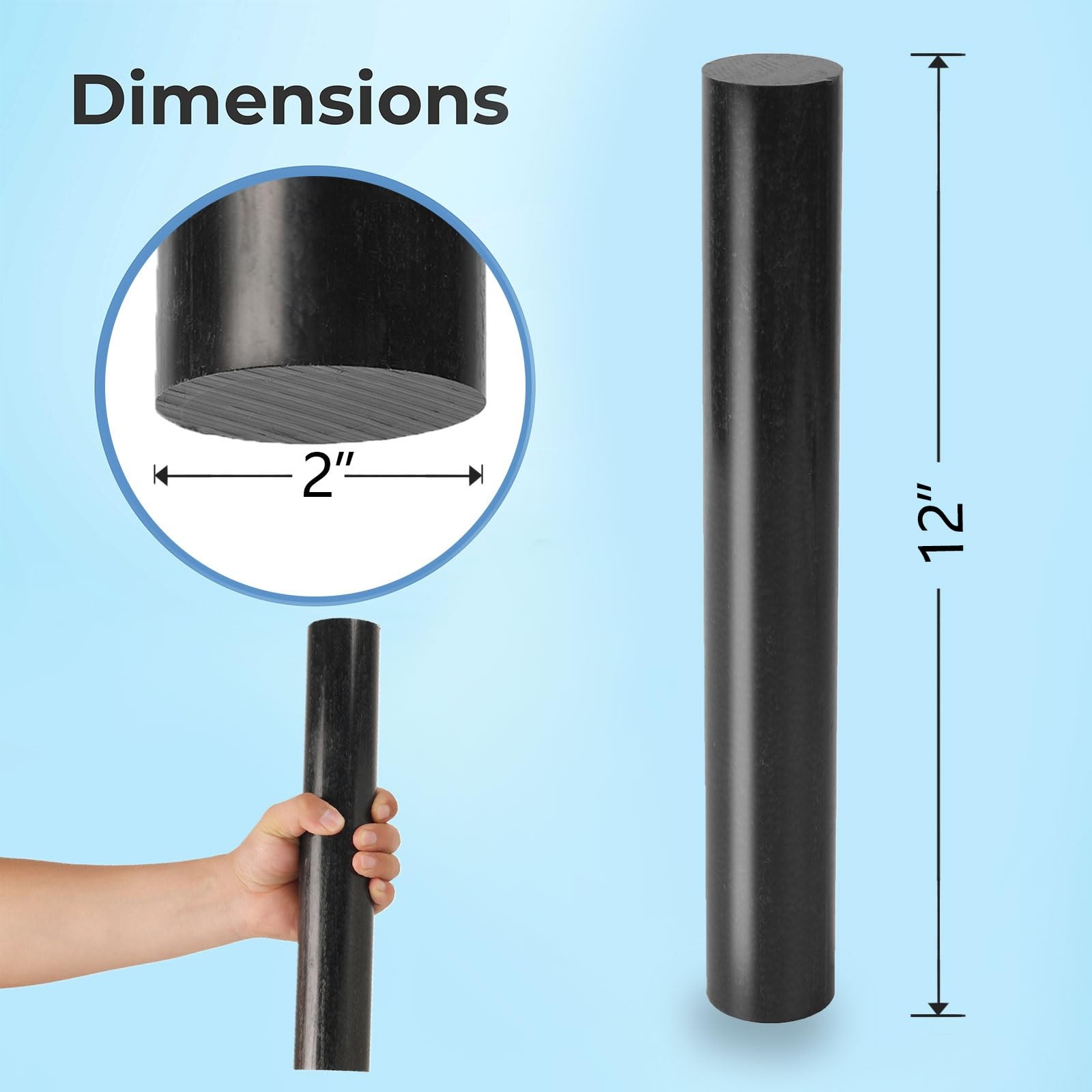 2 PCS Round Acetal Copolymer Rods Opaque Black 2×12 Inch ASTM D6778 Fixture