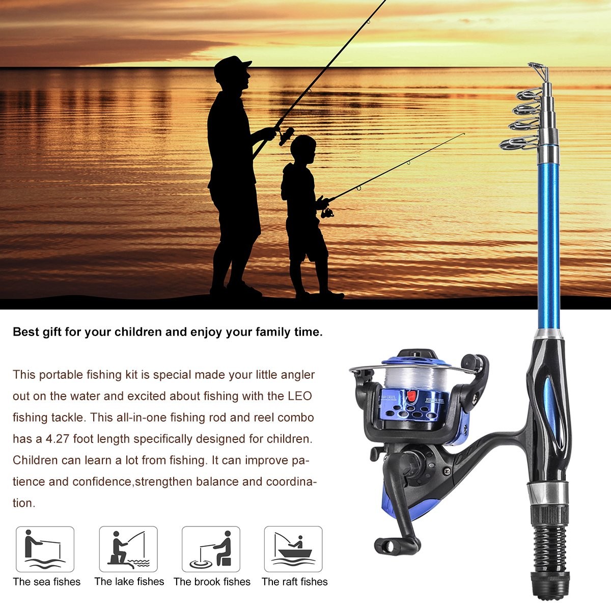 Leo Light 130CM, 130CM Rod and Reel Combos with Full Kits Carry Bag