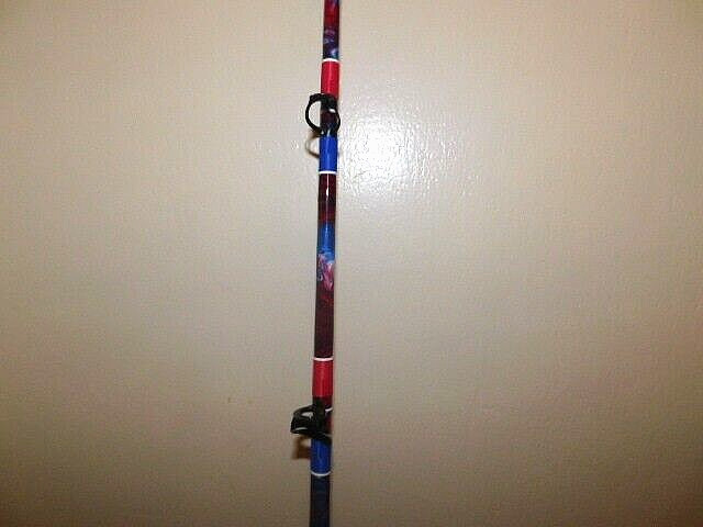 CUSTOM CONVENTIONAL BOAT ROD 7′ RED WHITE BLUE MARBLE 50-80 LB TURBOS NEW