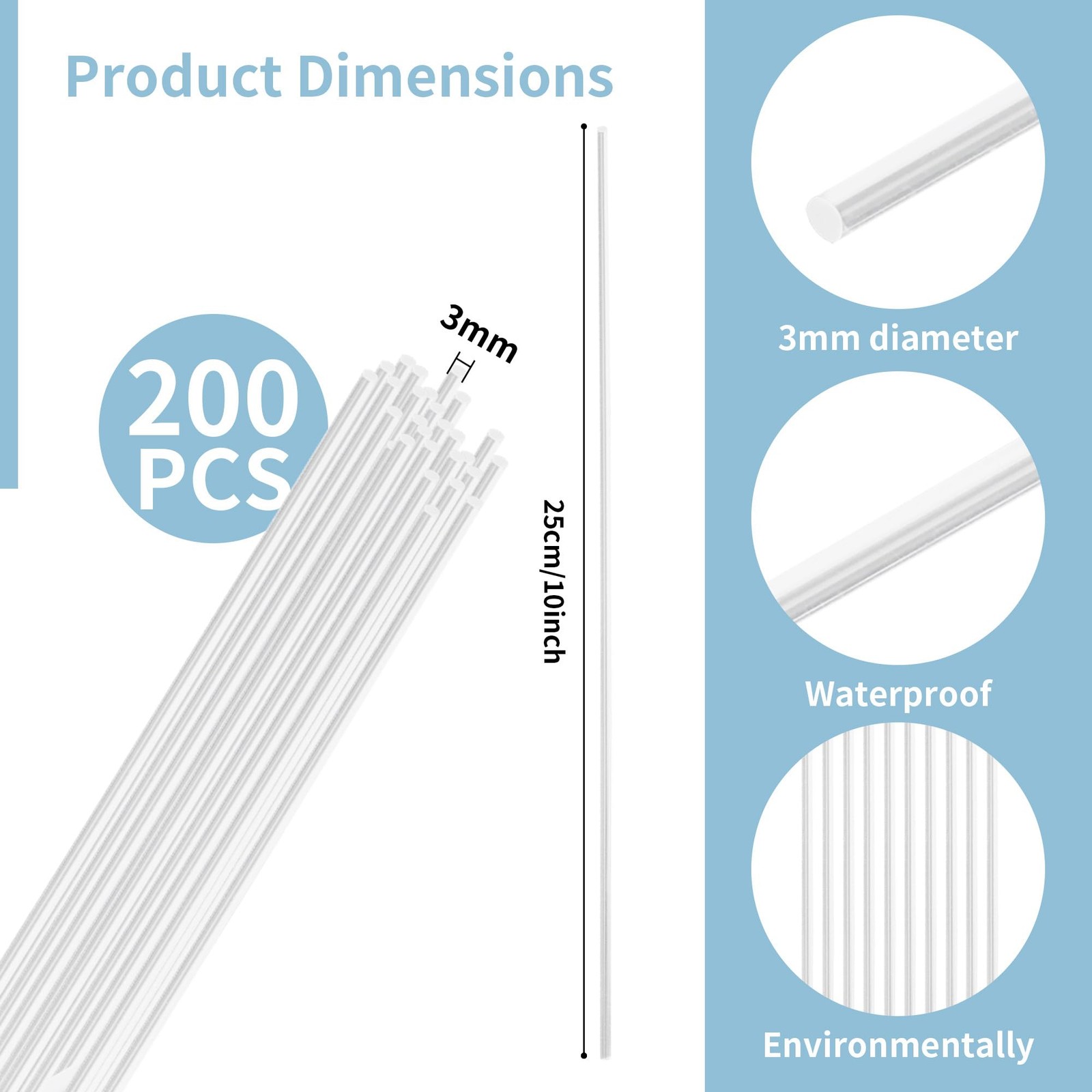 200 PCS 10 Inch Clear Acrylic Rods 1/8 Inch Dia Plastic Dowel Sticks Plants