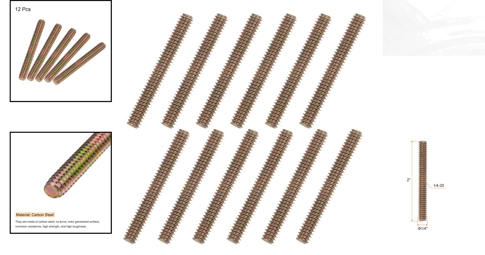 12pcs Zinc-Finished Carbon Steel Fully Threaded Rods 1/4″-20 x 2″ for DIY