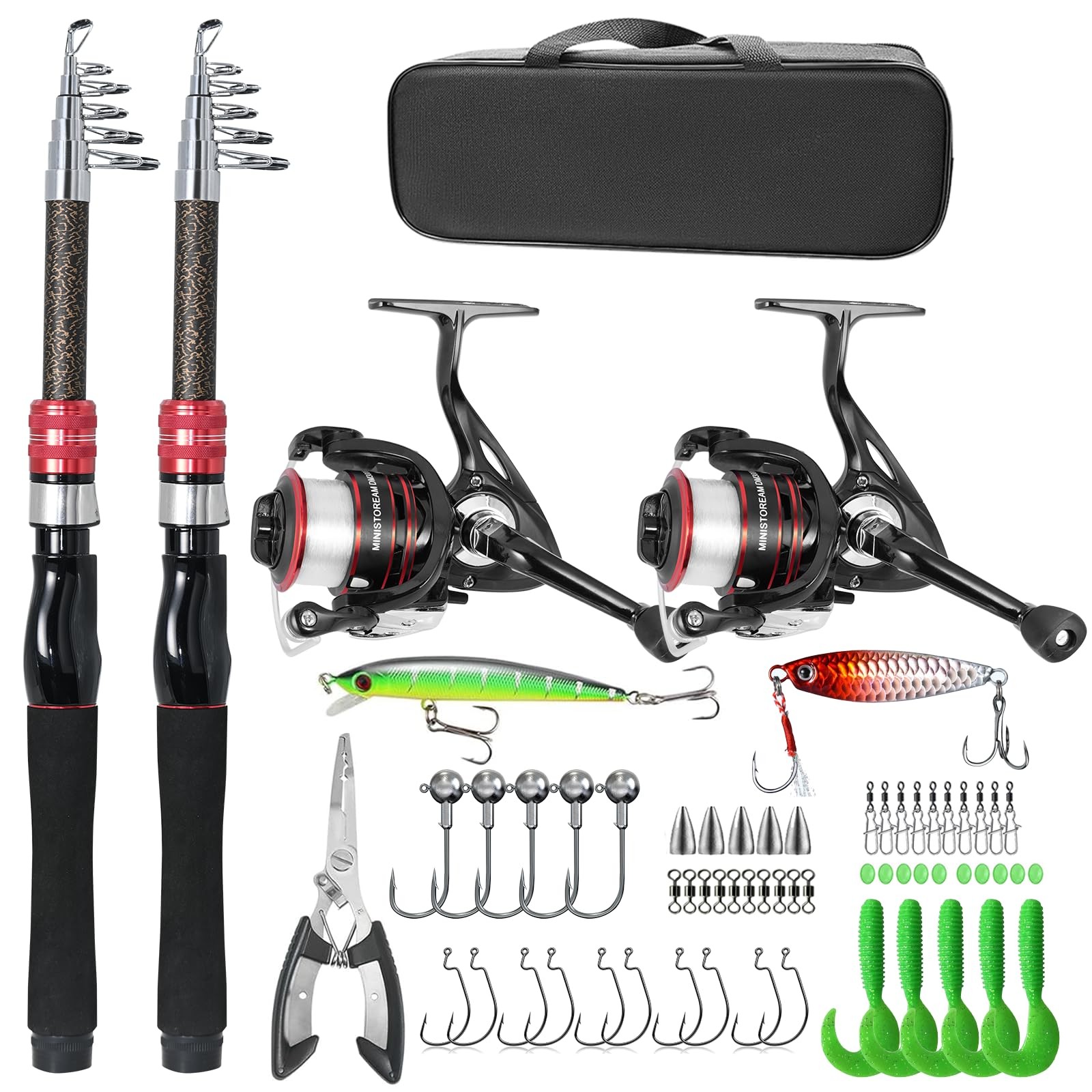 Carbon Fiber Fishing Pole Combo Set -2PACK 2.1m/6.89ft Spinning Reel, 57pcs A…