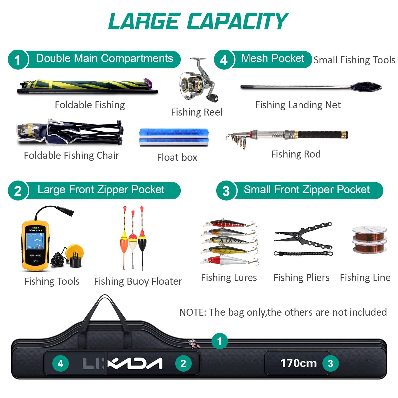 Lixada Fishing Rod Case Portable Folding Pole Reel Storage Bag Organizer