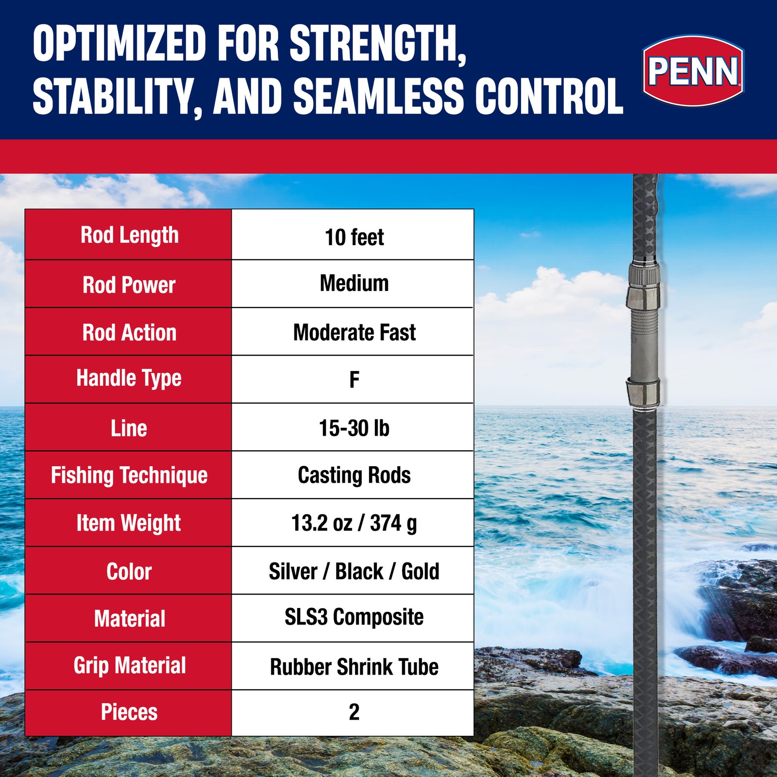 PENN Carnage III Conventional Surf Rod, 10′ Fishing Pole, Medium Power