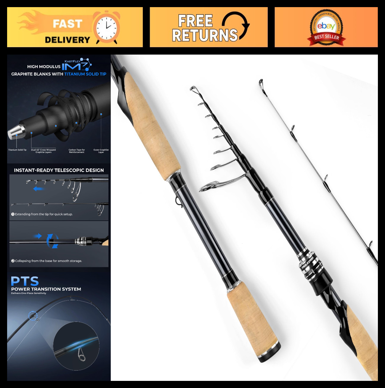 Telescopic Fishing Rods IM7 Graphite, Titanium Tip, Travel Casting & Spinning, F