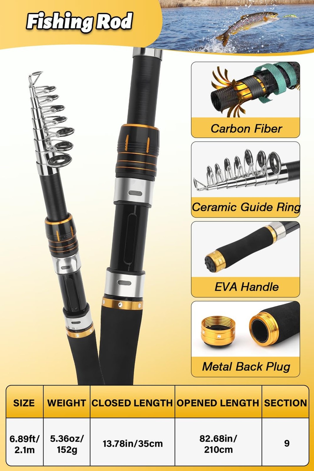 Fishing Pole Combo Set, 6.89ft Fishing Rod and Reel Combo, Carbon Fiber Teles…