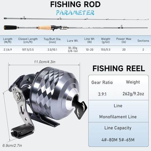 Spincast Combo for Beginners – 7ft Medium Power Graphite Rod, Stainless Steel