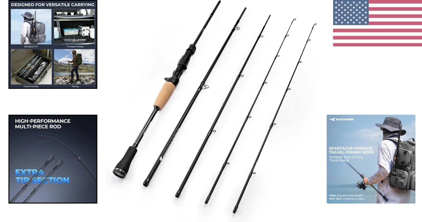 Spartacus Passage Travel Fishing Rods, Portable 4-Piece Spinning & Casting Ro…