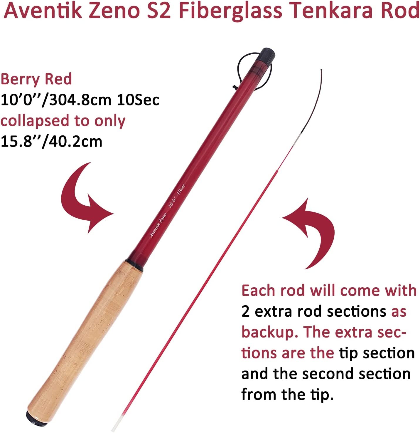 Aventik Zeno S2-Glass Tenkara Rod with 2 Extra Rod Sections 10 Sec in 10ft