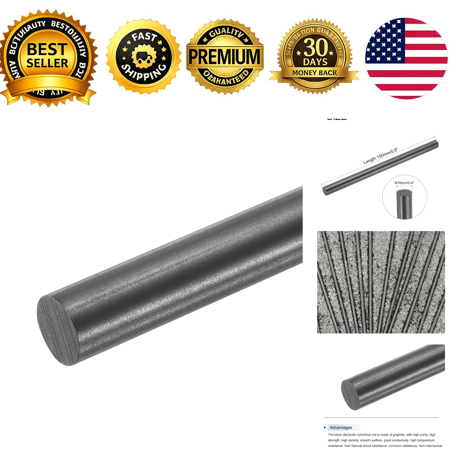 Graphite Rod Stirring Rod Carbon Cylinder Stick 150x10mm Black for Crucibles