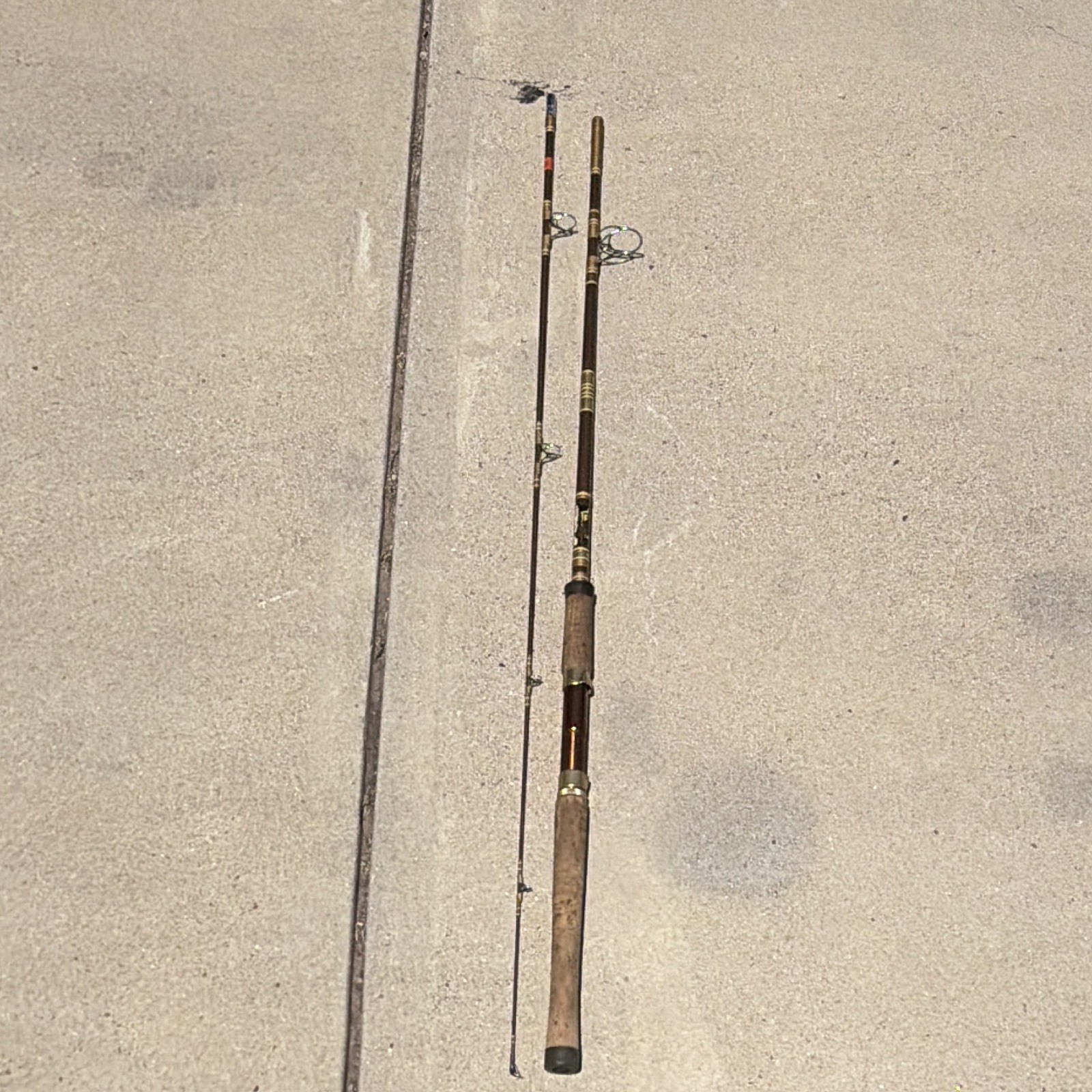 Vintage Abu Garcia 7’6” One Piece Fishing Rod Cork Handle Brown Fiberglass