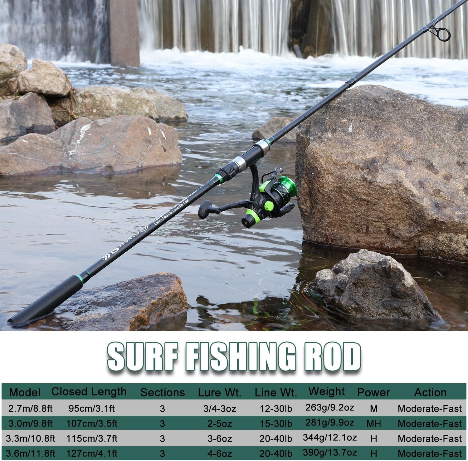 Surf Fishing Rod IM8 Carbon 3 Piece Travel Spinning Rod (9’/10’/11’/12′)