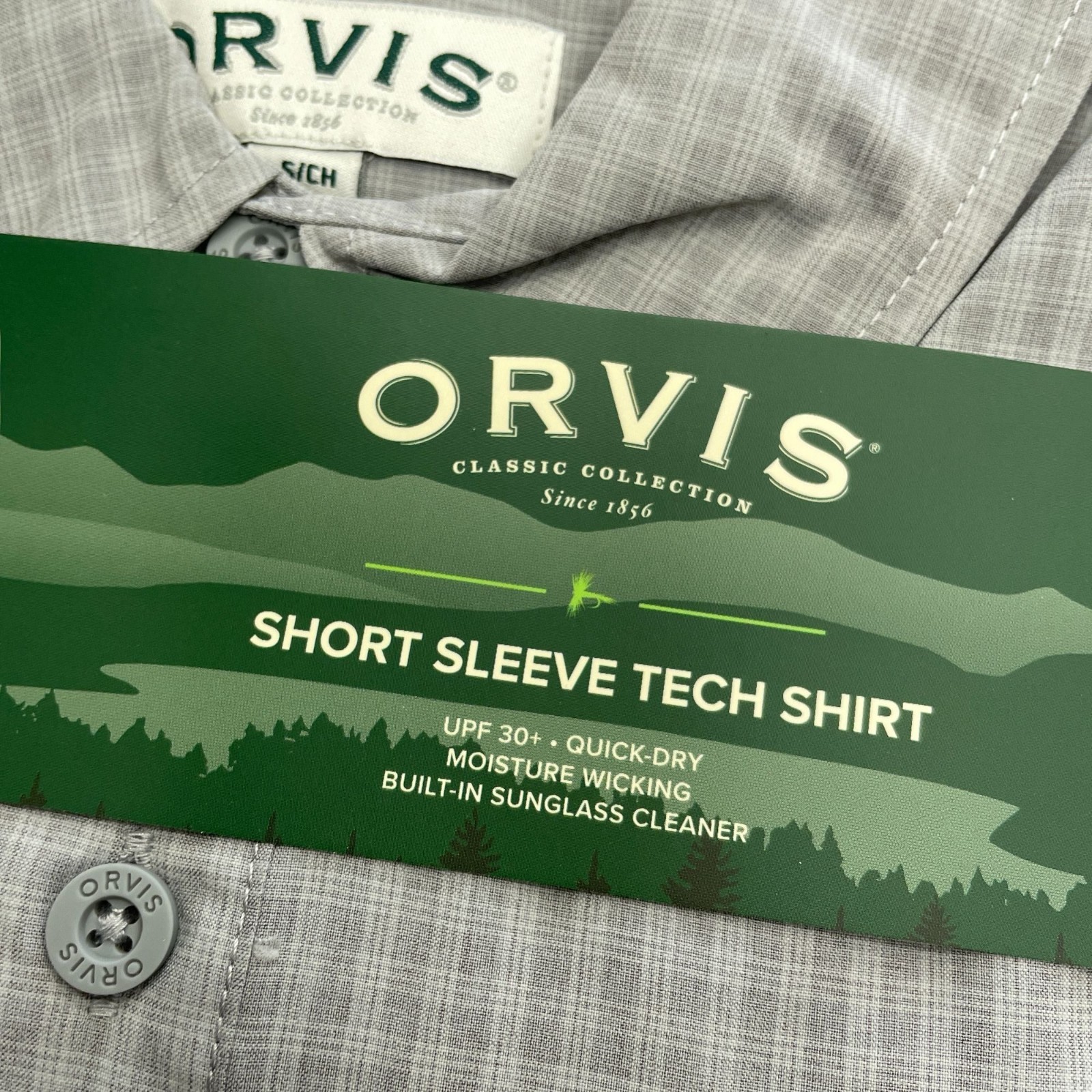 NEW Orvis Men’s S Short Sleeve Tech Shirt Gray Plaid UPF 30+ Outdoor Short Sleev