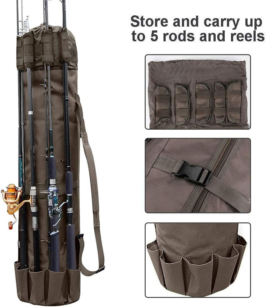 Durable Canvas Fishing Rod & Reel Organizer Bag Travel Carry Case Bag- Holds 5 P