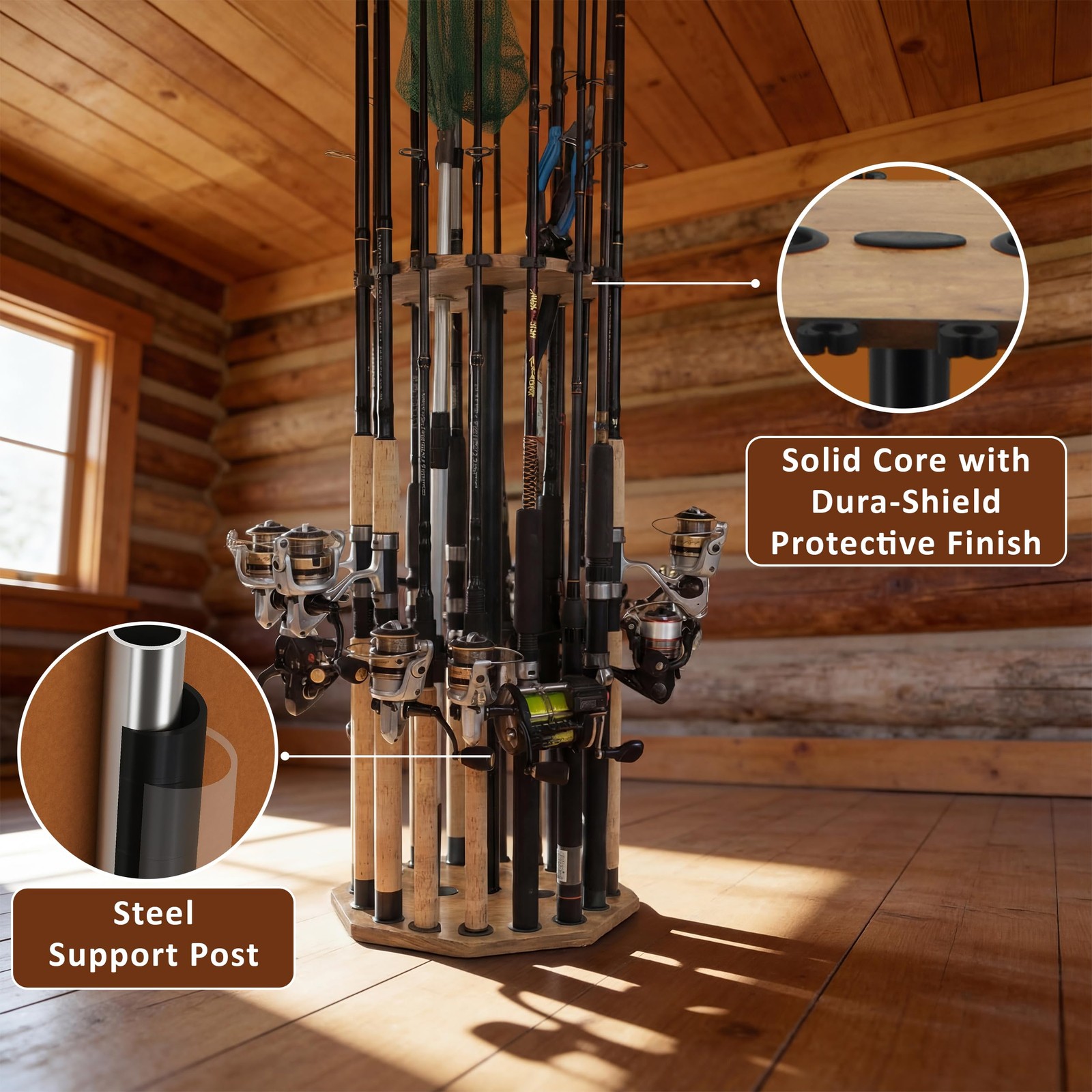 Rush Creek Creations 16-Rod Round Fishing Rod Holder for 16-Rod, Wood Grain