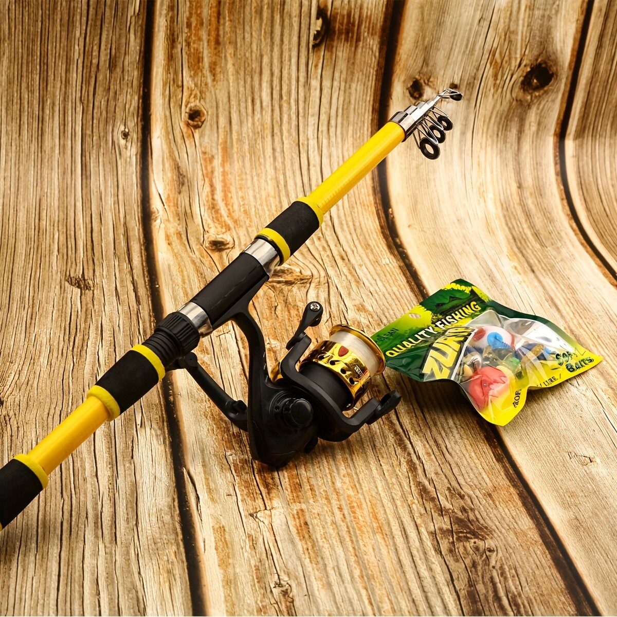 Portable Fishing Set: Yellow/Black Rod, Soft Baits & Reel