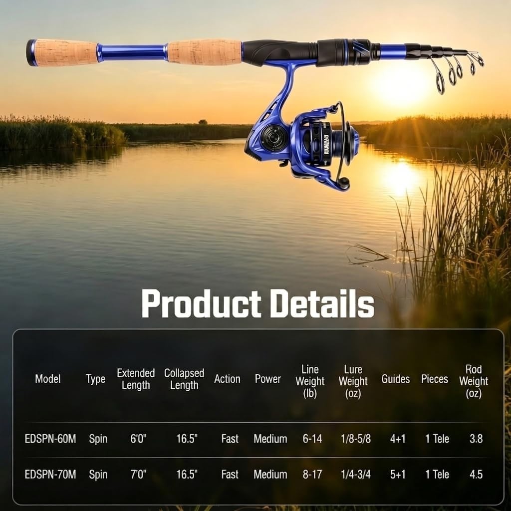 Portable Fishing Rods,Telescopic Spinning Rod with 24T Carbon & Carbon Tip, Cork