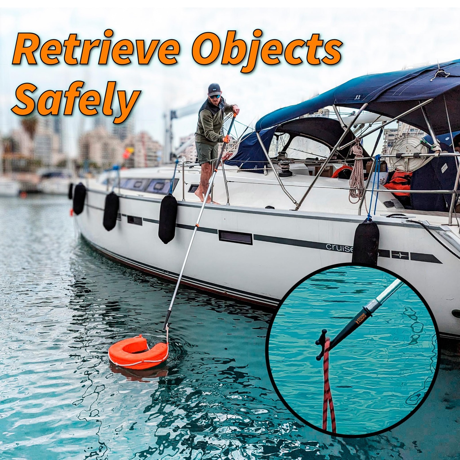 Telescoping Boat Hook Pole for Docking // 7-18 ft 18 feet, Black and Orange