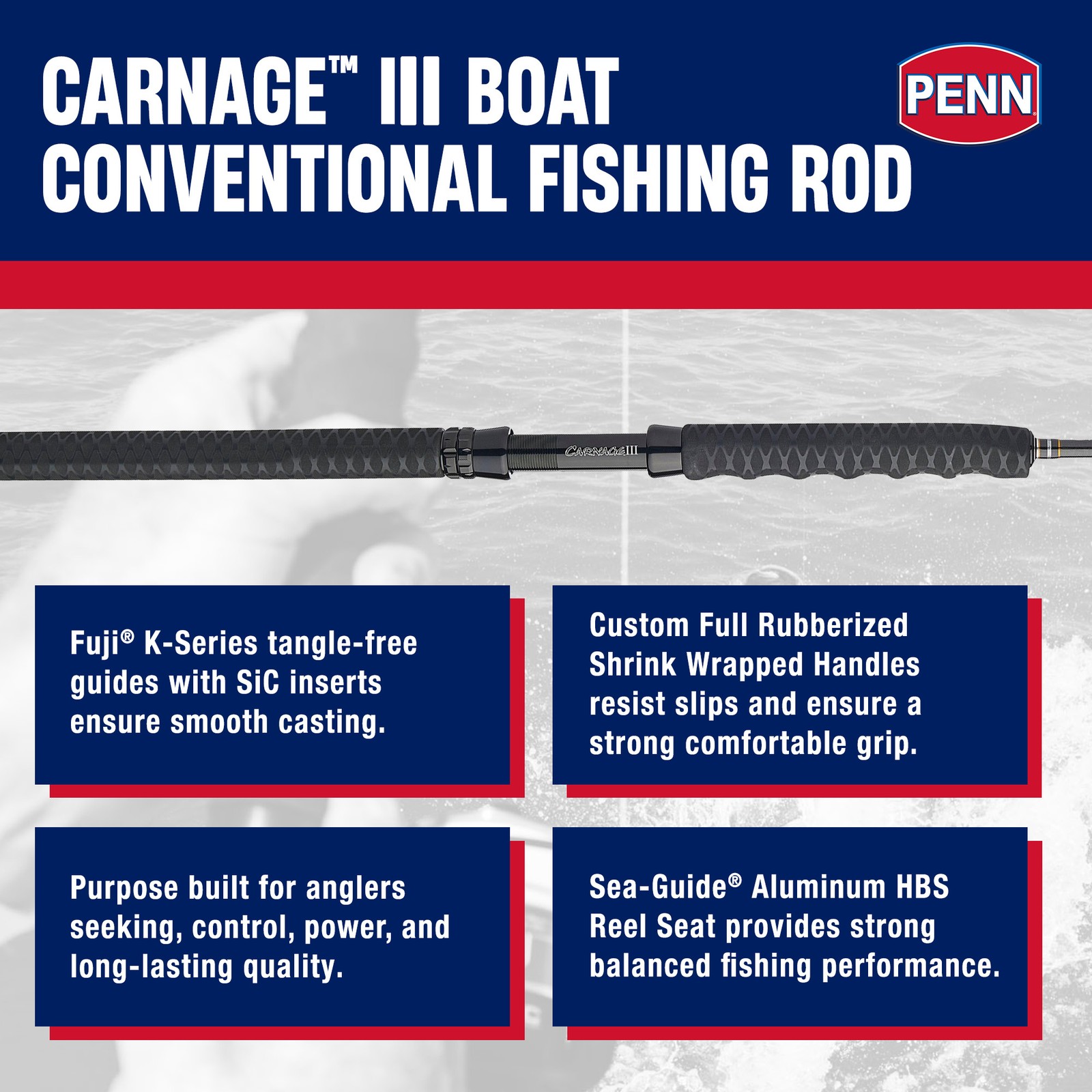 PENN Carnage III Conventional Boat Fishing Rod, 6′ Fishing Pole, Heavy(Open Box)