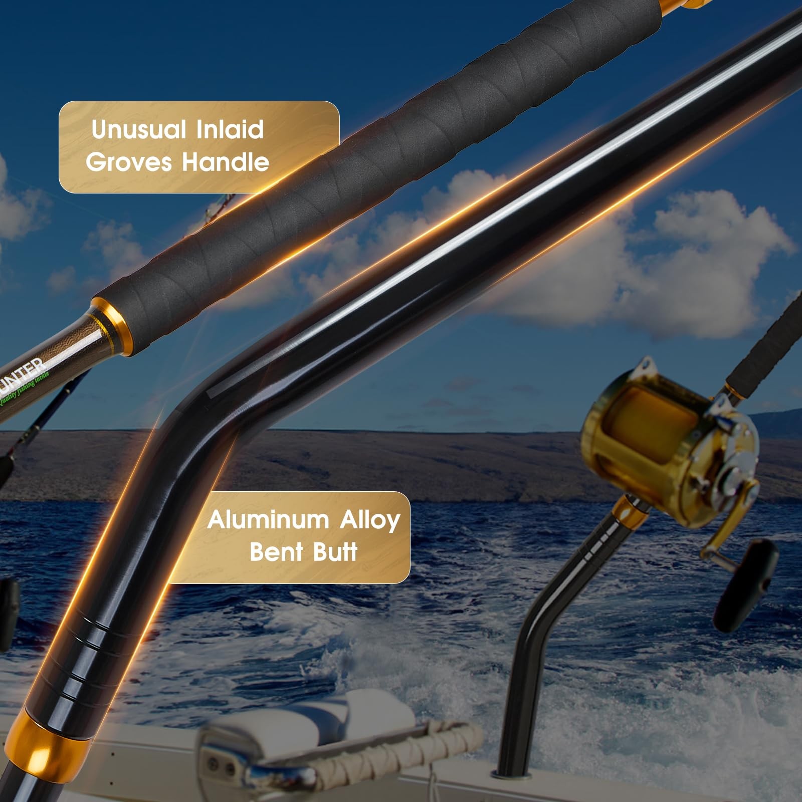 TRHUNTER Offshore Trolling Rod Saltwater Big Game 6’6” Bent, black and gold
