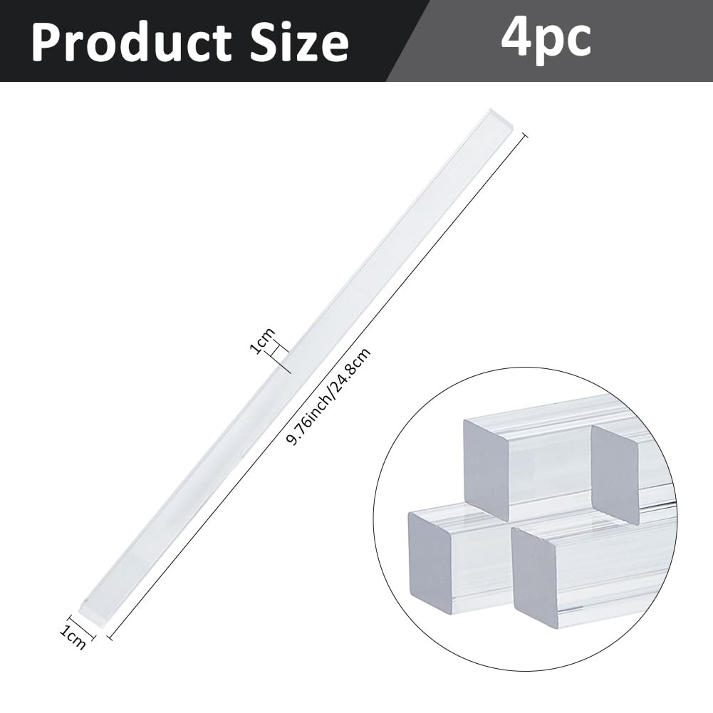 4 PCS Acrylic Square Rod 248x10x10mm Clear Stick Dowel Solid Bar DIY Model