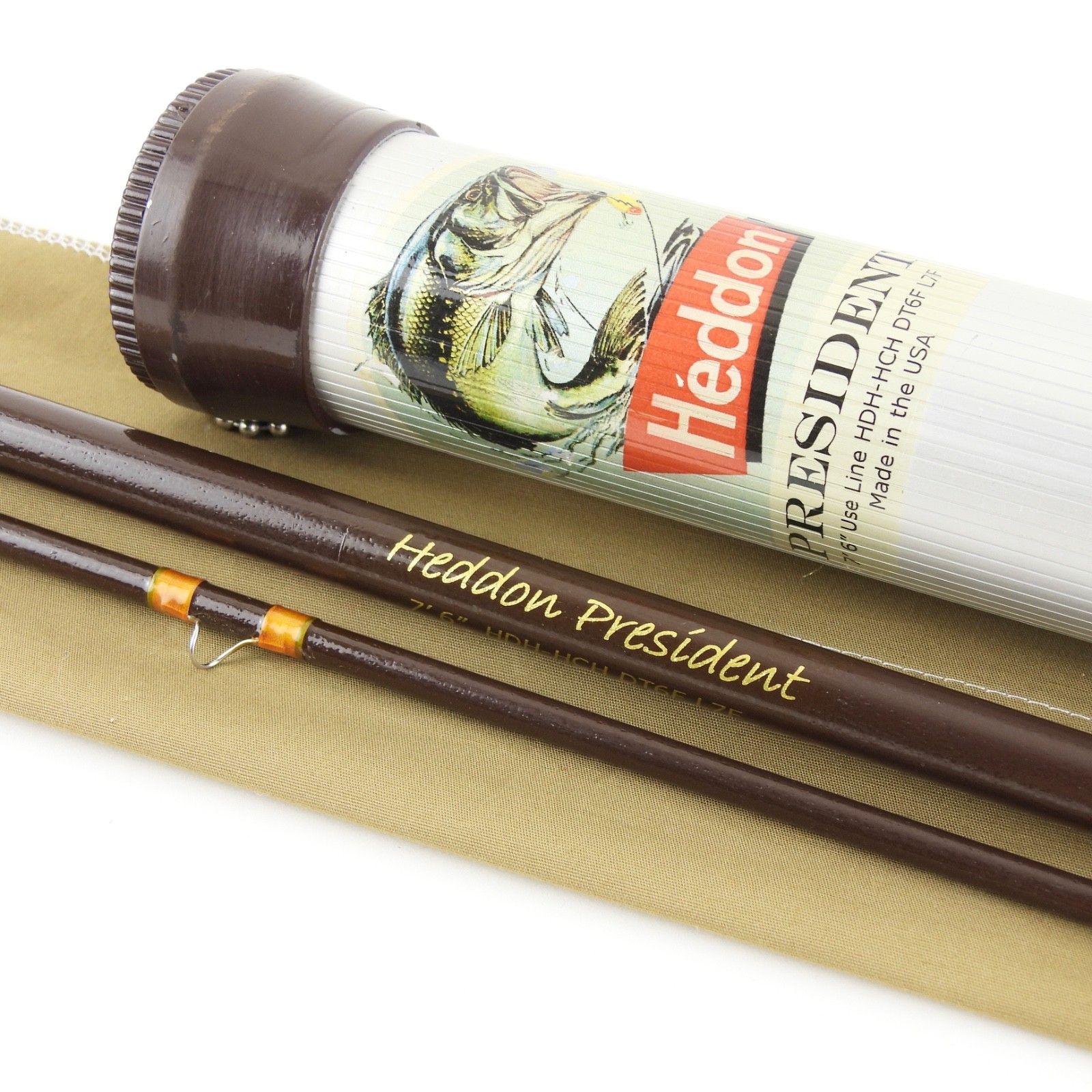 Heddon “President” Fiberglass Fly Fishing Rod. 7’ 6”. 6-7wt. W/ Tube & Sock.