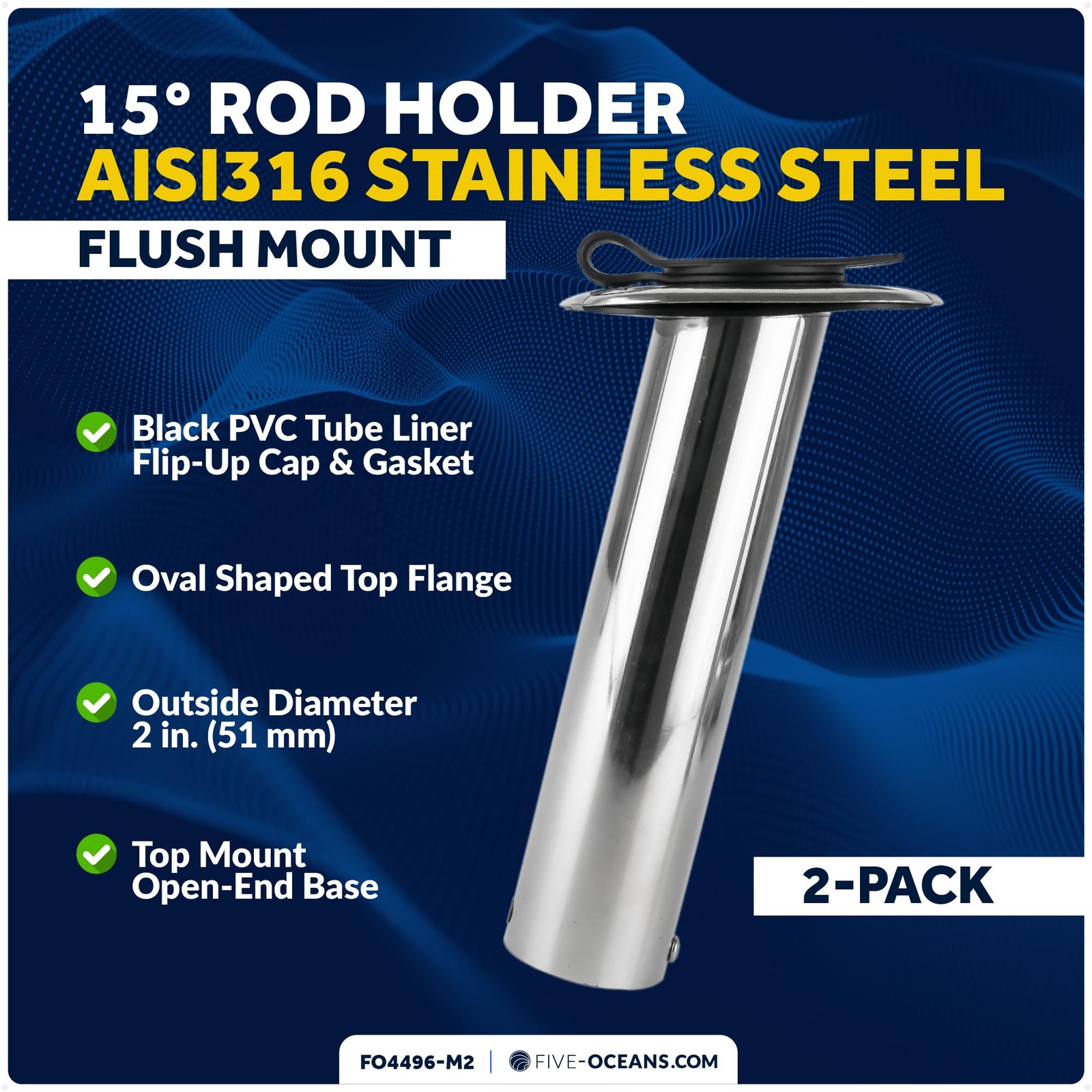 Five Oceans Stainless Steel Flush-Mount Fishing Rod Holder 15-Degree Top Flange