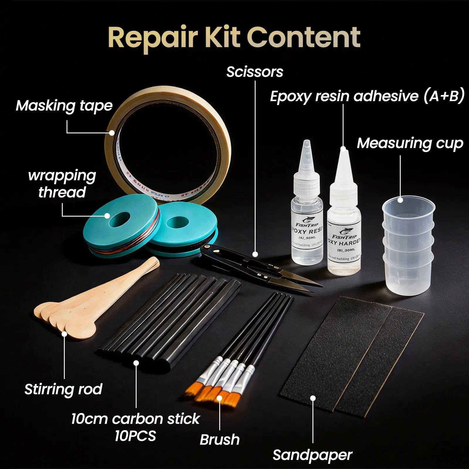 Fishtrip Fishing Rod Repair Kit Complete Epoxy10Pcs Carbon Fiber Sticks Pole