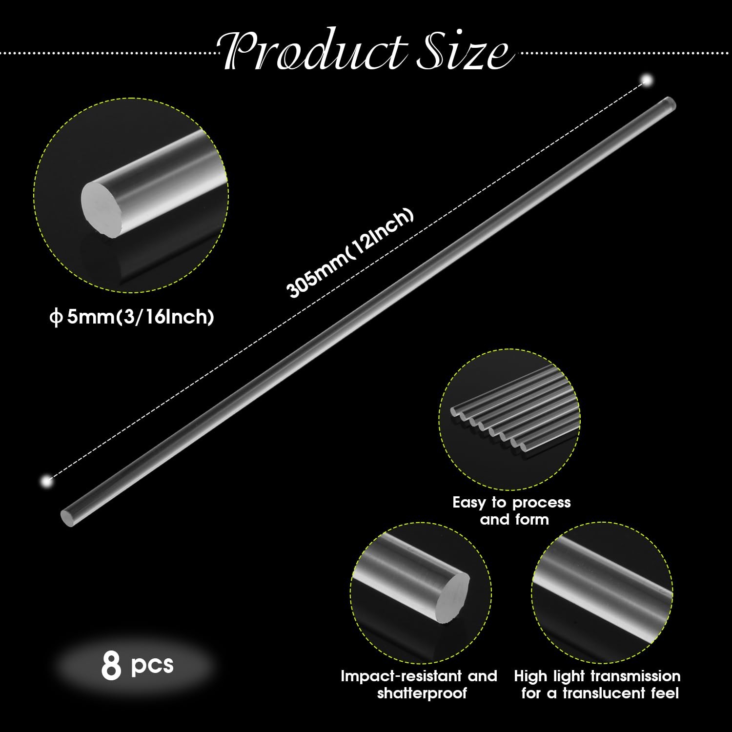 8 PCS 3/16×12 Inch 5×305 mm Clear Acrylic Dowel Rods Plastic Sticks Craft