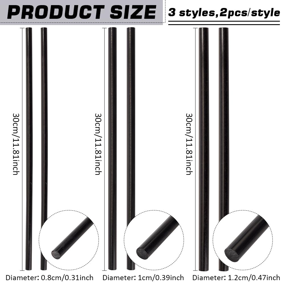 BENECREAT 6Pcs 12 Inch Length Black Acetal Copolymer Rod, 0.3 Inch 0.4 Inch 0…