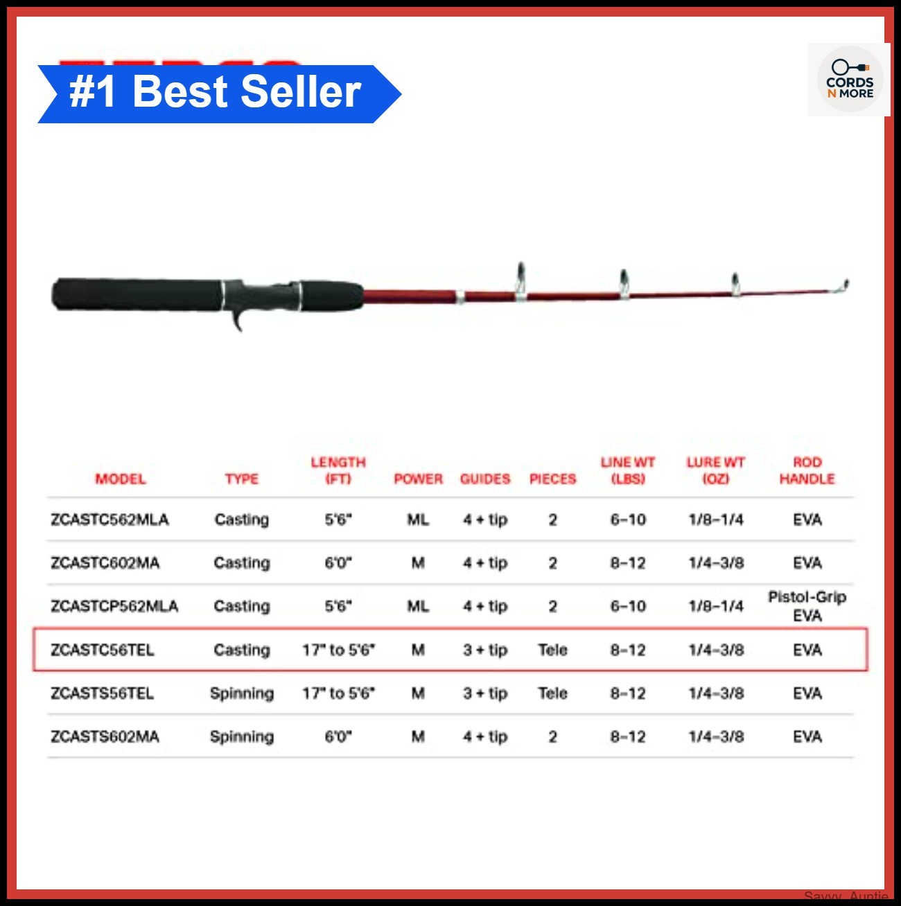 Casting Fishing Rod 5’6″ Telescopic Medium Power Fast Action EVA Handle 8-12lb
