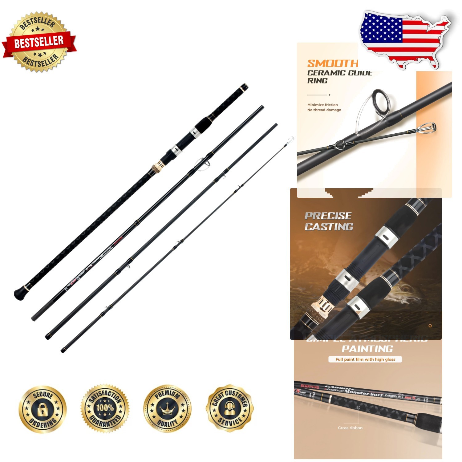 15 Foot Surf Casting Rod – 4pc Graphite, Fast Action, High Tension