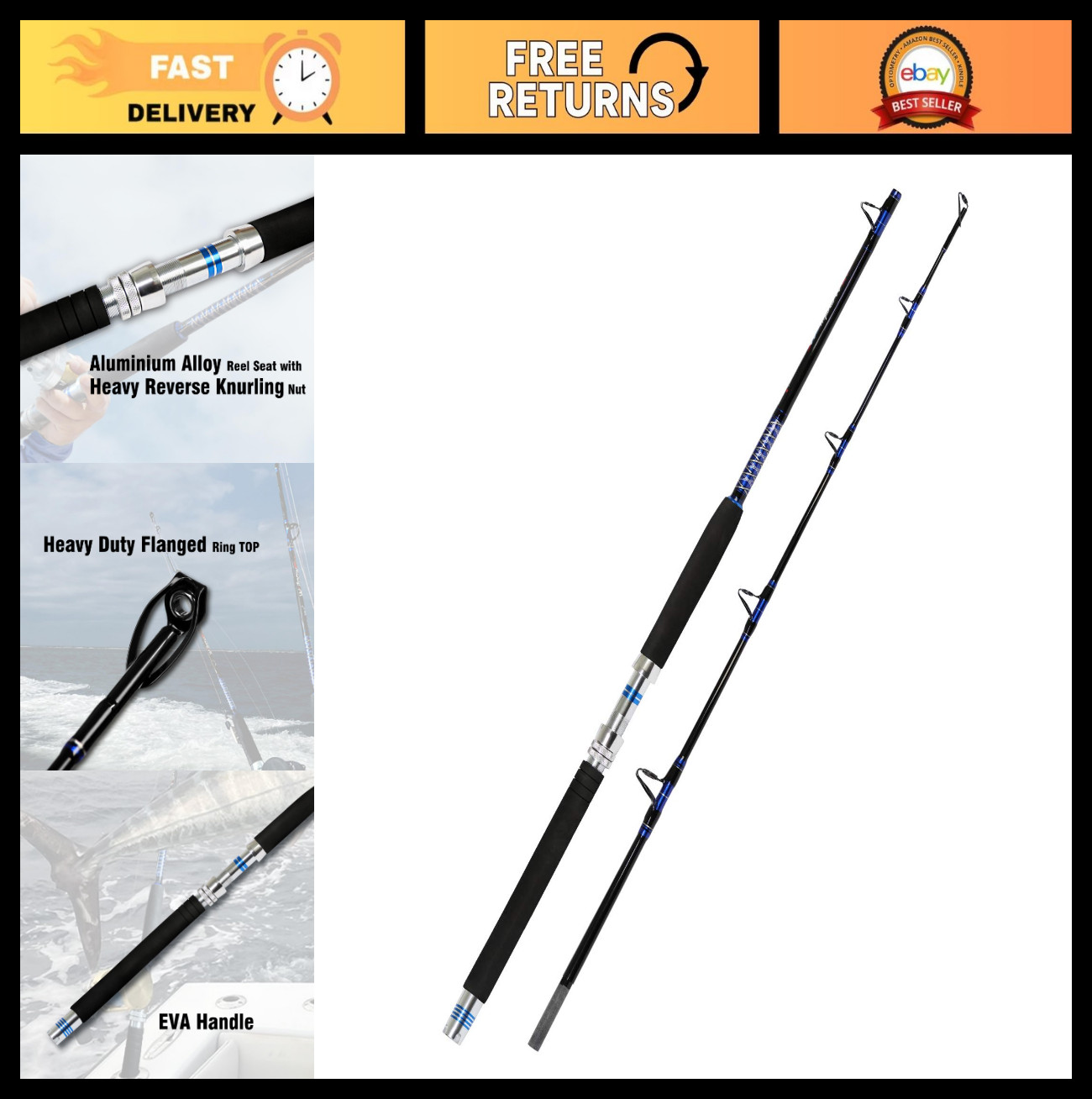 Saltwater Offshore Trolling Rod – 1-Piece/2-Piece Big Game Fishing Pole for Boat
