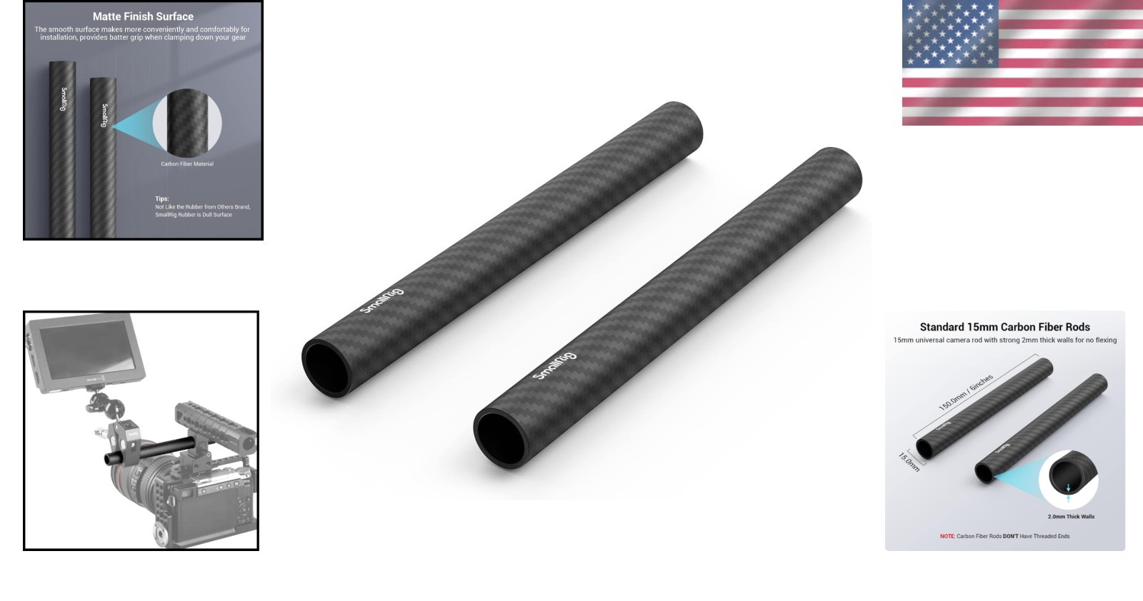 High Performance 15mm Carbon Fiber Rods – 6 Inches, Ideal for Cameras – 2 Pack