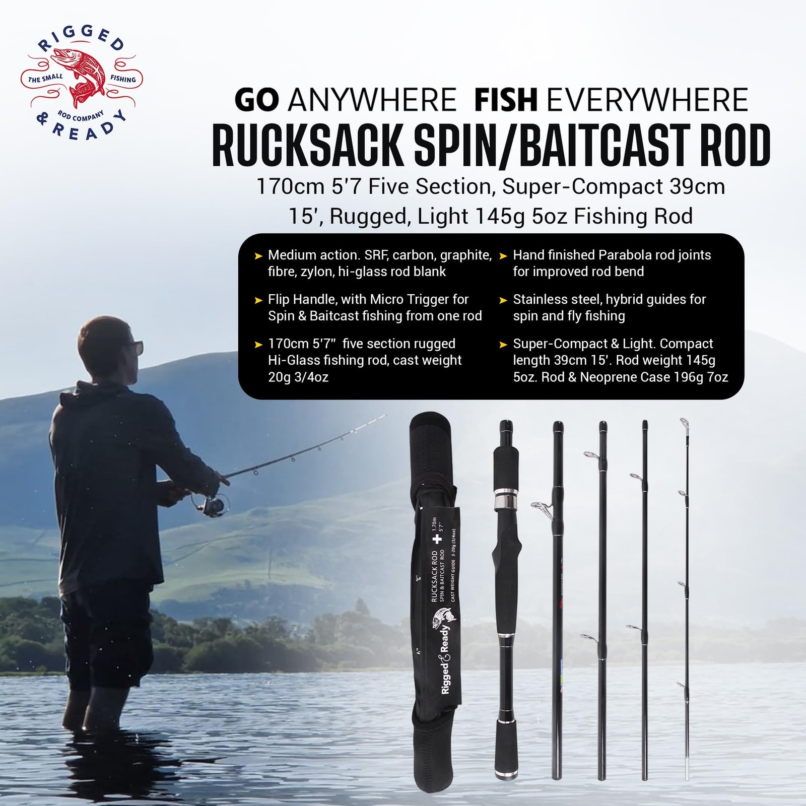 Rigged and Ready Travel Fishing Rucksack Rod 6’ 182 cm. Compact Length 15.