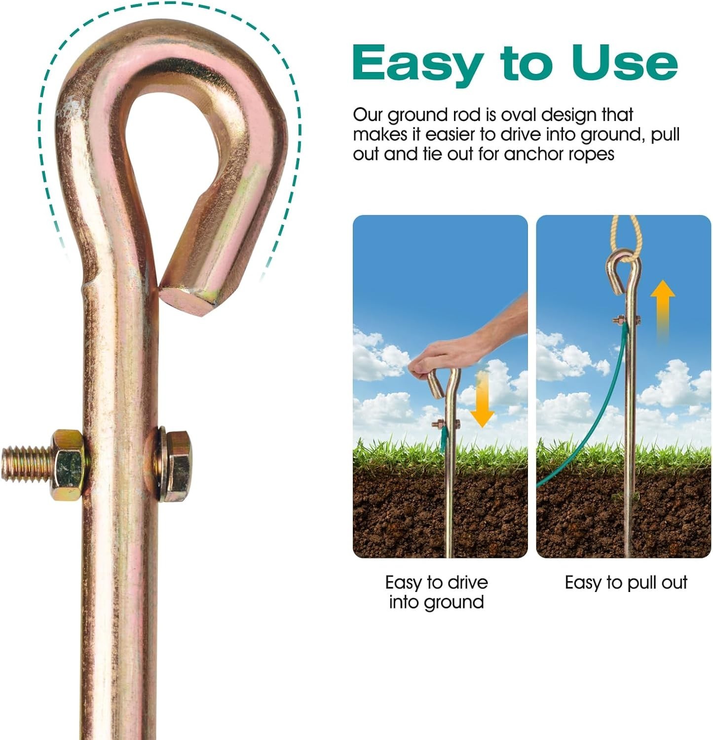 Set of 2 Portable Ground Rods with 4ft Listed Grounding Wire & Crocodile Clip